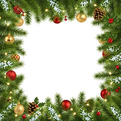 Festive Christmas Border Frame with Ornaments, Holly, and Pinecones on White Background