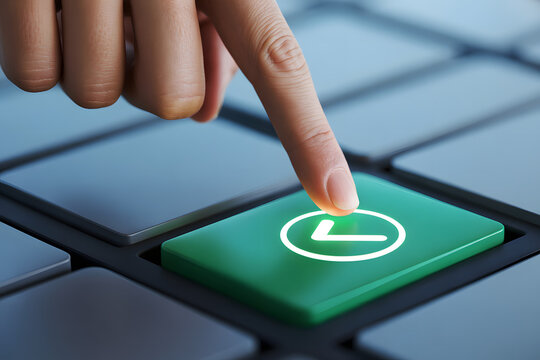 A human finger is poised to press a vibrant glowing green button featuring a white checkmark symbol on a sleek dark digital interface