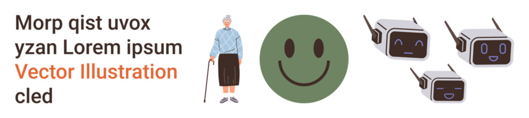 Fototapeta premium Aging population, robotics, healthcare, human interaction, emotions, future technology. Elderly woman with cane, green happy face robot heads with expressions. Aging population and robotics concept