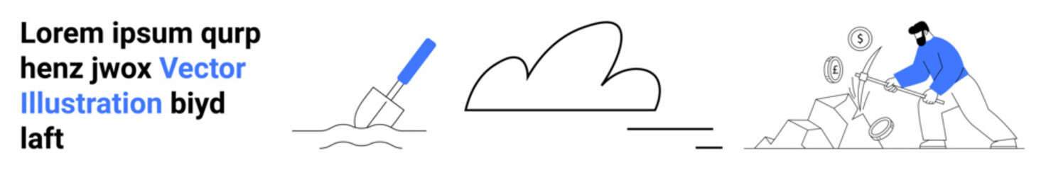 Cloud computing, data storage, teamwork, digital tools, file exchange, technology solutions. Minimalistic design with a cloud, file-related icons and a worker managing tasks. Cloud computing and data