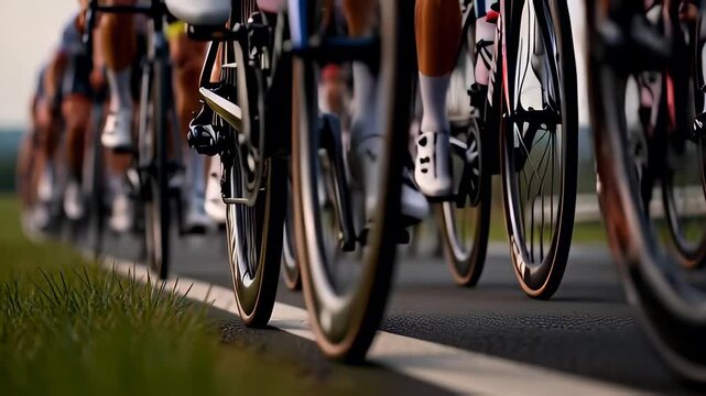 Surface level view of a cycling peloton racing on an asphalt road, featuring spinning wheels and legs with motion blur, illustrating speed and competitive sports endurance.