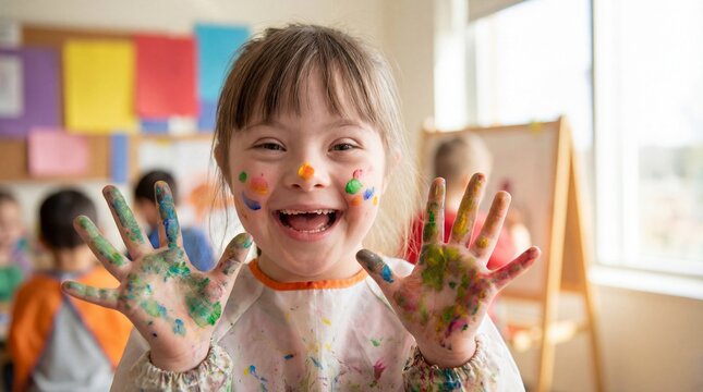 happy caucasian girl with down syndrome showing painted palms in art class. child with disability laughing with colorful hands. kindergarten education, creativity concept. poster, brochure.