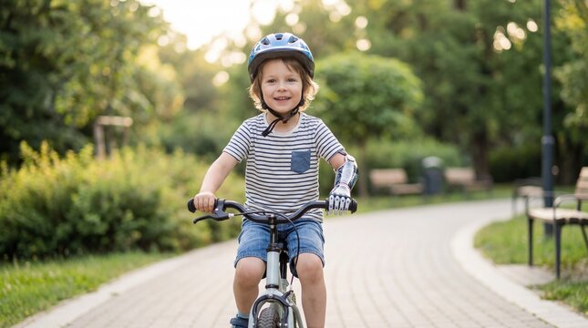 happy caucasian boy with bionic prosthetic arm riding bicycle in park. disabled child wearing helmet on bike ride. inclusivity and active lifestyle concept. banner, website header with copyspace.