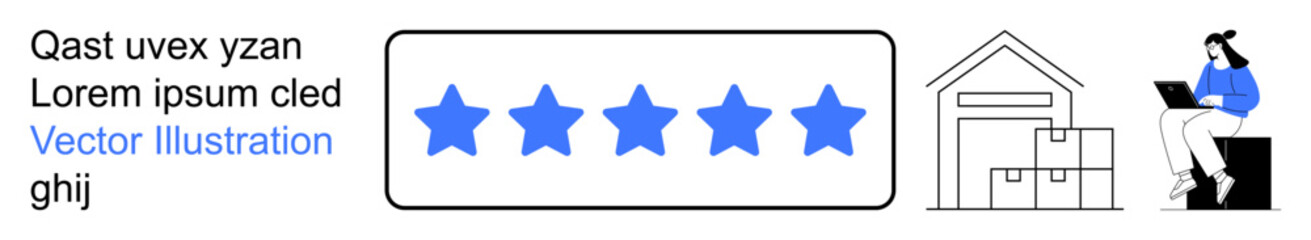 Obraz premium Customer feedback, quality assurance, logistics, e-commerce, business evaluation, customer satisfaction. Five blue stars, a warehouse icon and a person working on a laptop. Feedback and quality