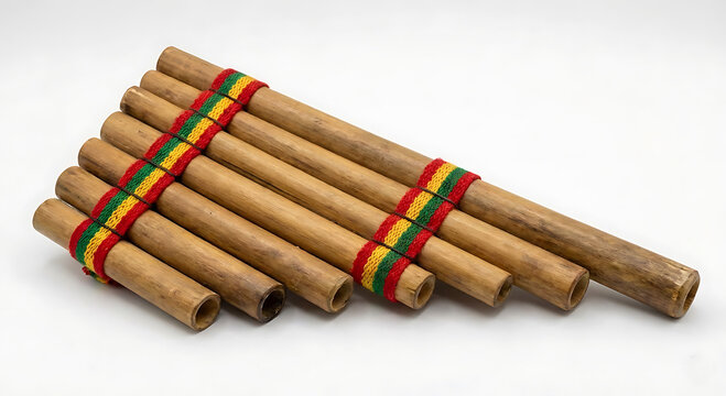 Quena flute made of bamboo tubes tied with colorful woven fabric in red yellow green on white background