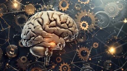A human brain surrounded by gears and digital connections. The scene represents technology, innovation, and cognitive processes in a modern context.
