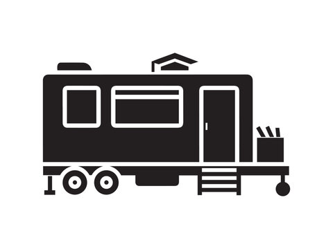 Black icon of a mobile educational unit or temporary classroom trailer with a graduation cap symbol, for remote learning and academic services.
