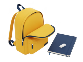 Yellow backpack and notebook isolated on transparent background