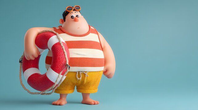 Vigilant chubby 3d cartoon lifeguard holding a red rescue buoy watching over the swimming pool ensuring safety and protection for all vacationers and swimmers.
