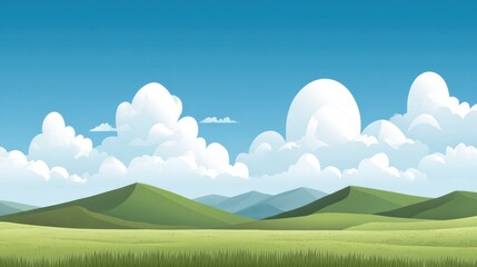 Obraz premium cute cartoon vector-style landscape background with a green field, blue sky, and white clouds