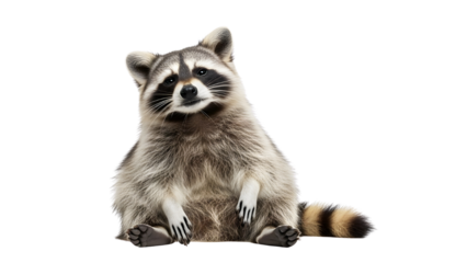 Cute North American wild raccoon portrait sitting down and looking directly forward. isolated PNG with Transparent Background