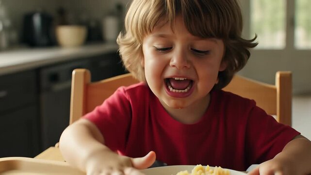 Angry young boy in a red shirt screaming and crying at a kitchen table during a mealtime tantrum, illustrating childhood behavioral challenges.