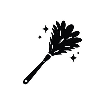 Feather duster cleaning tool black and white vector icon with sparkle dust isolated on white