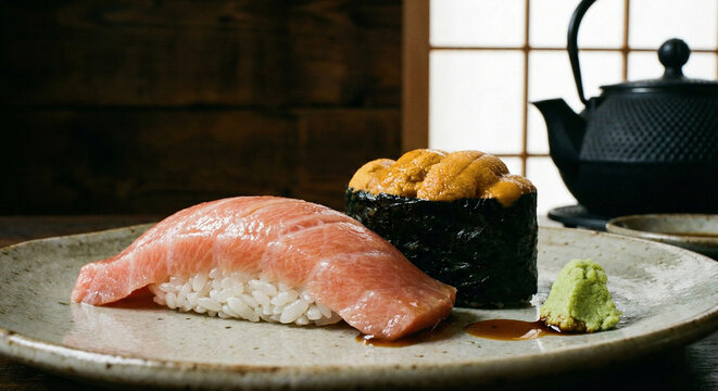Extreme macro close-up of fresh salmon nigiri texture with glistening glaze and rice details in soft natural light