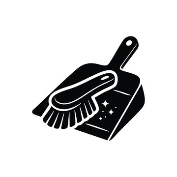 Black and white cleaning brush and dustpan icon vector illustration for housekeeping and janitorial services