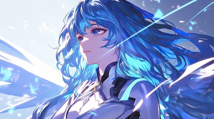 Naklejka premium Epic Anime Woman Portrait, Flowing Blue Hair, Glowing Abstract Energy, Sci-Fi Wallpaper Style, Digital Art