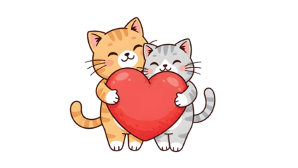 Cute cartoon cats hugging a big red heart symbolizing love and romance isolated PNG with Transparent Background