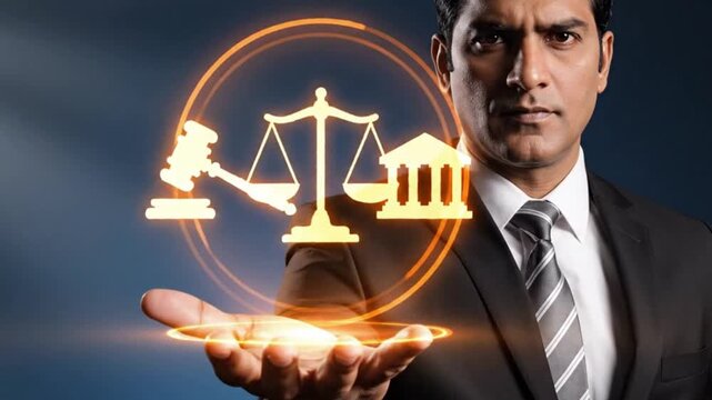 Businessman presenting law and justice symbols on his hand in a professional setting with a blue background
