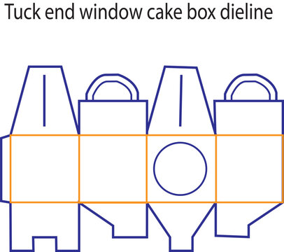 Tuck end window cake box dieline template with handle and circular viewing window for bakery product packaging