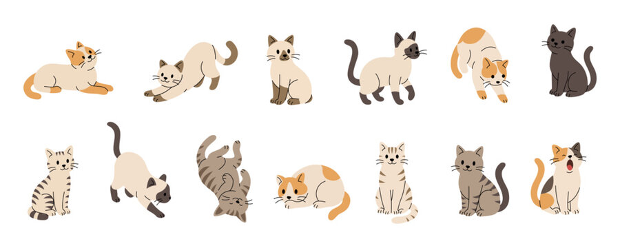 Cute cartoon cats in different poses and colors. Flat vector illustration of playful kittens for children, pet themes and animal designs