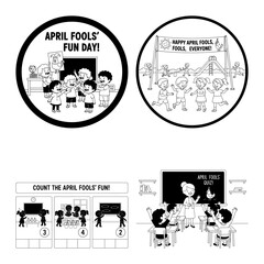 April Fools Kids Classroom Table Prank and Drawing Activity Black and White Cute Cartoon Illustration