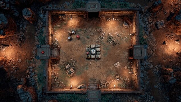 Overhead view of a dungeon arena with stone walls, torches, and a central puzzle