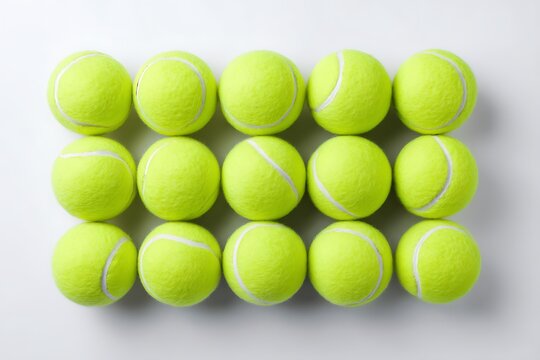 A flat lay of multiple tennis balls arranged neatly on a white background, perfect for emphasizing the essentials of tennis and sports activities.