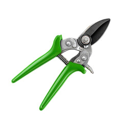 A pair of green and silver pruning shears on a black background