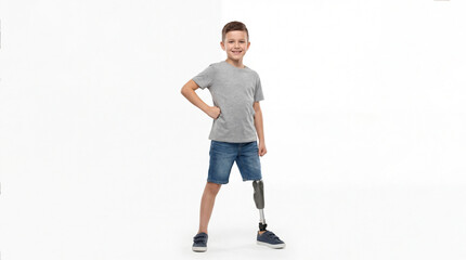happy caucasian boy with prosthetic leg standing isolated on white background. child with physical disability. copyspace. banner, website header, medical brochure.
