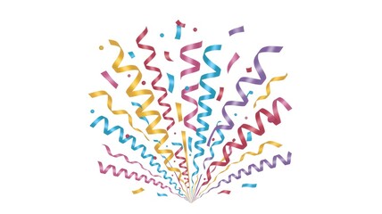 Obraz premium Vibrant explosion of colorful confetti and curled streamers bursting upwards against a white background, celebrating joy and festivity.