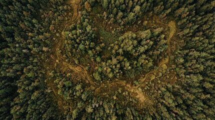 Mysterious Aerial View of an Untamed Wilderness Forest with Winding Natural Paths