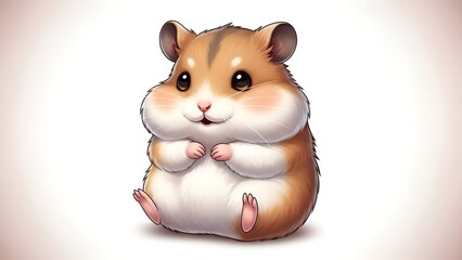 Naklejka premium An adorable, chubby, cartoon-style hamster with rosy cheeks sitting upright on a light background, looking friendly and cute.