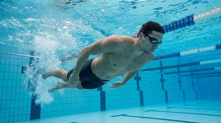 Athletic Male Swimmer Gliding Underwater in Competition Pool, Professional Swimming Technique and Training Concept