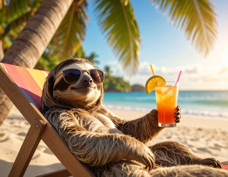 Faultier liegt auf dem Liegestuhl am Strand unter Palmem mit einem Cocktail