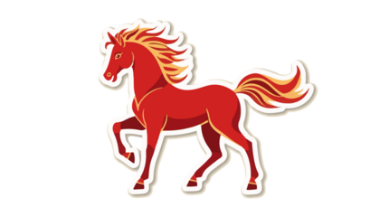  illustration template of a Chinese horse sticker featuring a flat design style with bold lines and minimalist details, the horse is depicted in a vibrant red and gold color