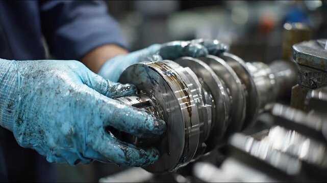 Mechanical Precision: A skilled technician, clad in protective gloves, meticulously inspects a complex mechanical component, showcasing the intricacies of industrial engineering.