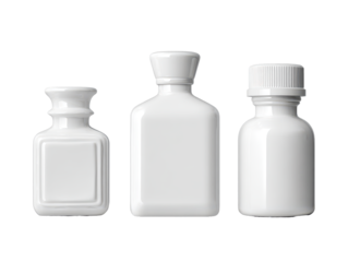 Set of three small white cosmetic medicine bottles with varied shapes and caps, clean blank label areas, and tidy arrangement with soft realistic shadows isolated on transparent background.