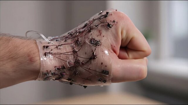 Future Hand Innovation: A close-up showcases a hand encased in a futuristic, bio-integrated prosthetic, embodying cutting-edge advancements in medical technology and robotics.