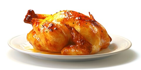 Delicious 3d cartoon whole roasted chicken cooked to golden brown perfection served on a clean white plate representing festive holiday meals and culinary excellence.