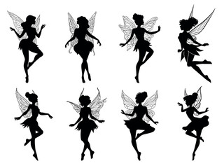 Naklejka premium Fairies silhouette set. Magical fairy monochrome silhouette, female sorceress wings character decor vector illustration