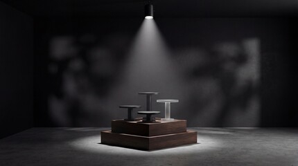 Minimalist Wooden Pedestal in Empty Dark Concrete Room with Single Dramatic Spotlight, Interior Design and Product Display Concept