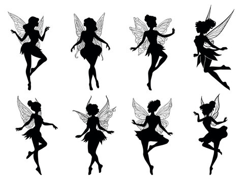 Fairies silhouette set. Magical fairy monochrome silhouette, female sorceress wings character decor vector illustration