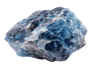 Chunk of icy rock with frosty surface texture, irregular natural form, and blue crystalline highlights sparkling across the edges isolated on transparent background.