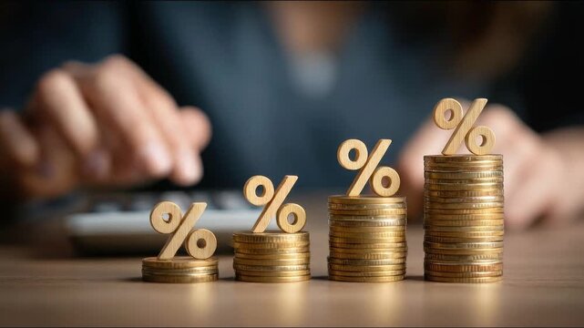 Interest Rate Stacking: A close-up shot capturing the symbolic rise of interest rates. Stacks of coins, each topped with a percentage symbol, illustrate financial concepts such as economic growth.