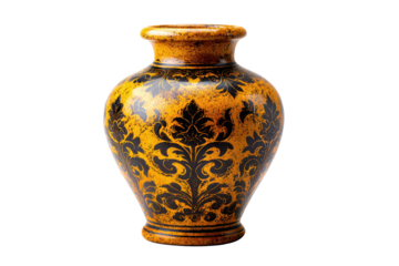 Decorative ceramic vase with a classic silhouette, hand painted pattern details, and glossy glaze highlights along the curved surface isolated on transparent background.