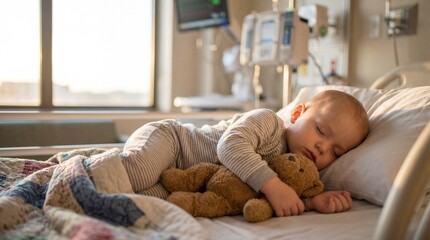 sick caucasian child sleeping in hospital bed hugging teddy bear. toddler patient resting during recovery. pediatrics healthcare concept. banner, website header.