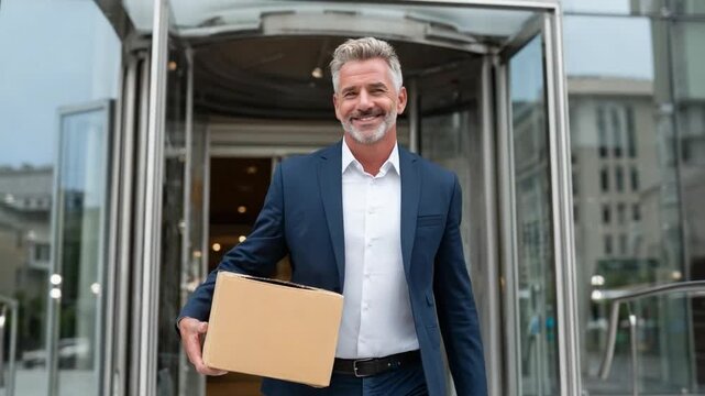 The Confident Arrival: A distinguished gentleman emerges from a revolving door, clutching a package, exuding an air of professionalism and modern elegance. 
