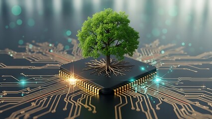 Green tree growing on digital circuit board with futuristic cityscape reflection