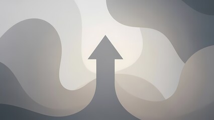 Fototapeta premium A gray arrow pointing upwards amidst abstract wavy shapes in a minimalist design viewed from a straightforward perspective