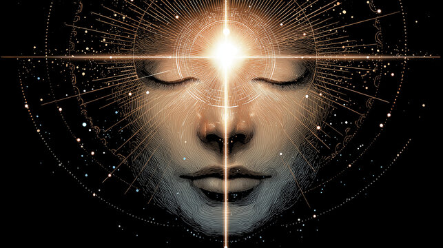 Mind's Eye Illumination: An ethereal depiction of inner peace and enlightenment. The closed eyes are the focal point, radiating a powerful light.